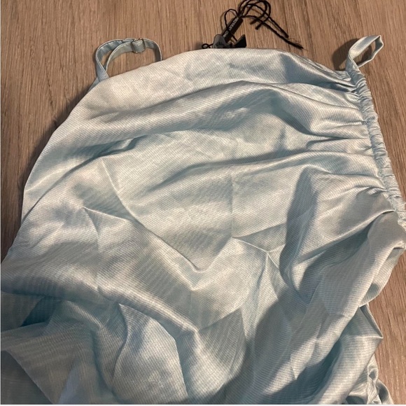 PLT Light Blue Satin Asymmetrical Ruched Mini Dress - Picture 4 of 4